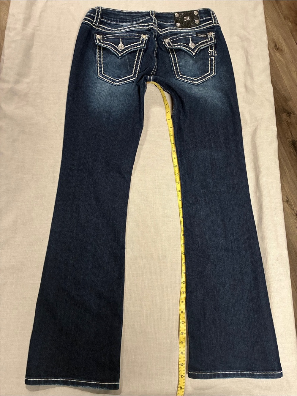 Miss Me Dark Blue Signature Bootcut Jeans, Saddle Stitch, Size 31/34